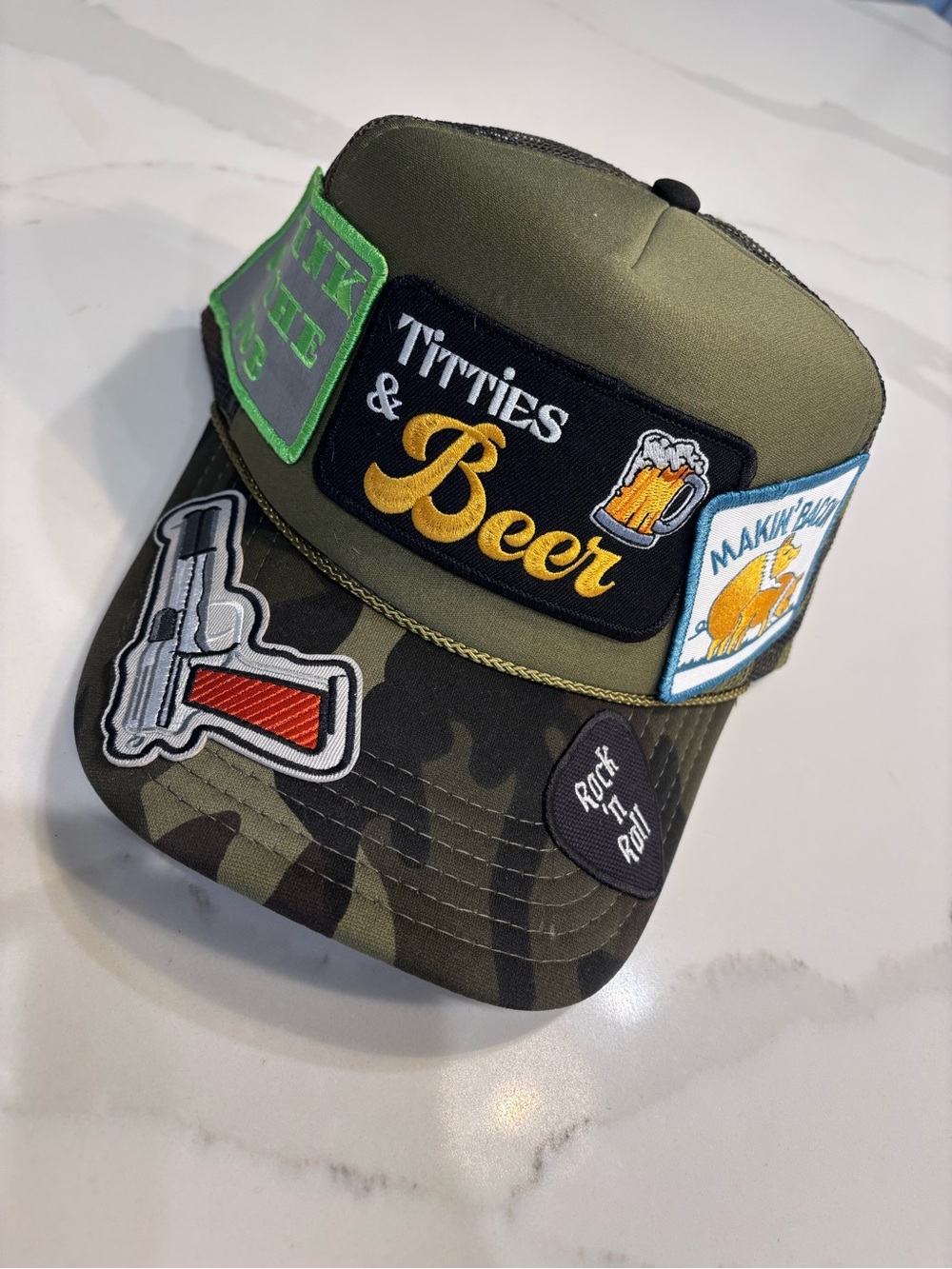 Olive Green Camo Patch Trucker Hat - Titties & Beer Design NWOT